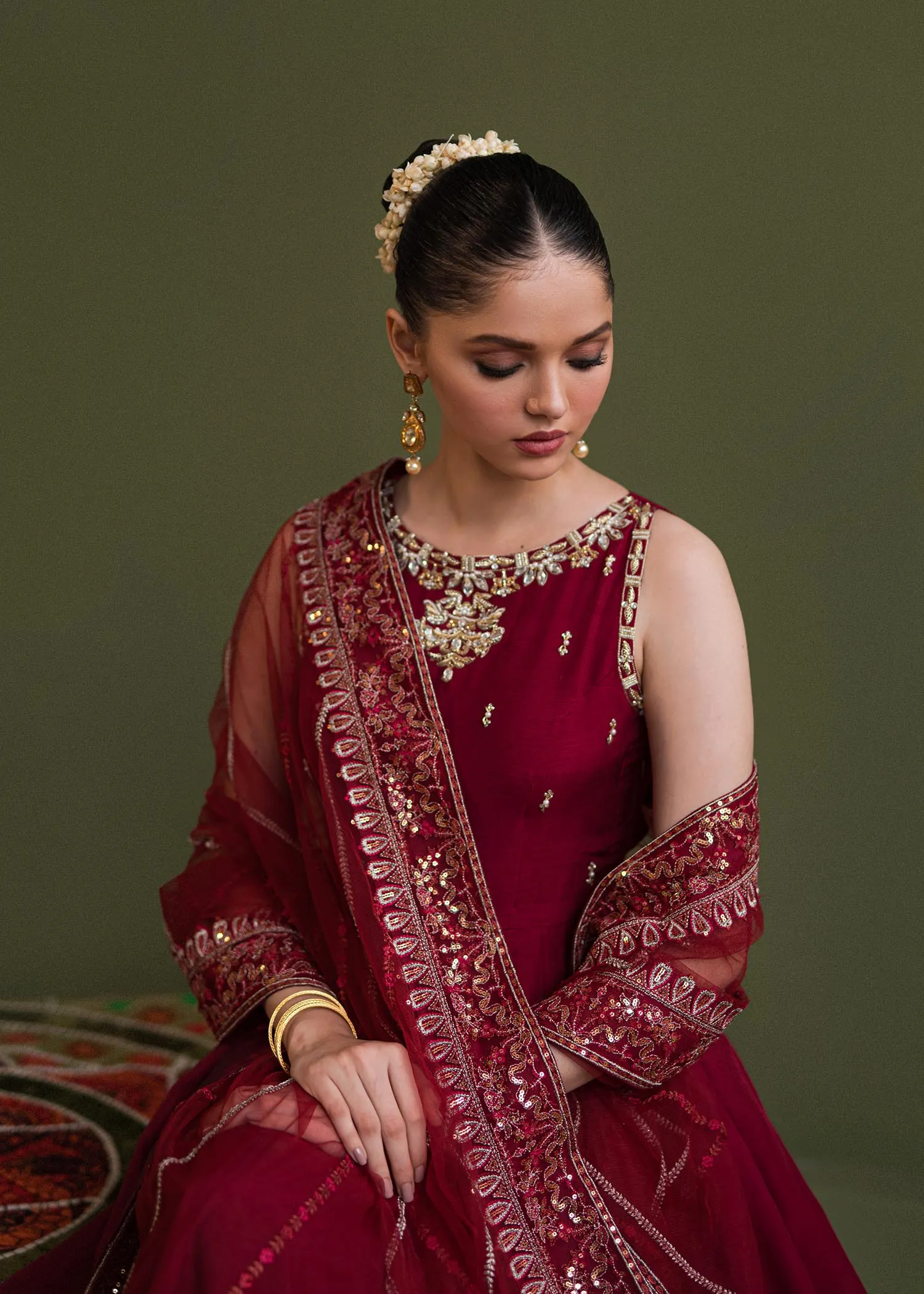 Bright Red Classic Pakistani Wedding Wear Sleeveless Pishwas Dupatta