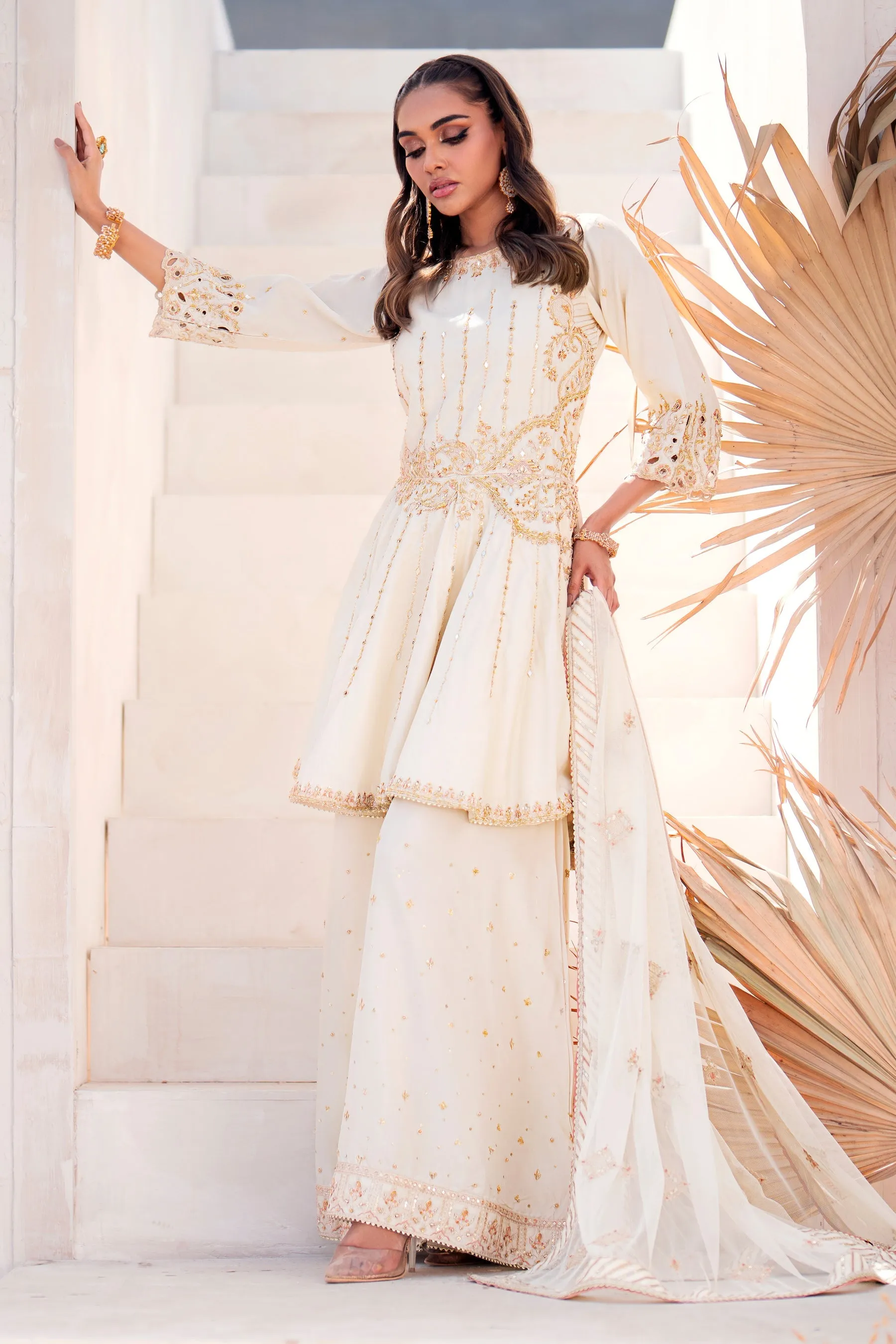 Bright White Pakistani Wedding Dress Embroidered Gharara Frock