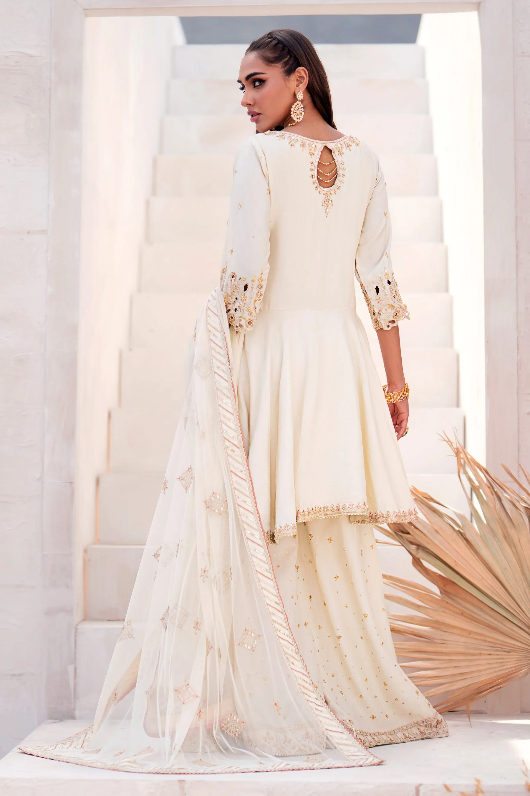 Bright White Pakistani Wedding Dress Embroidered Gharara Frock