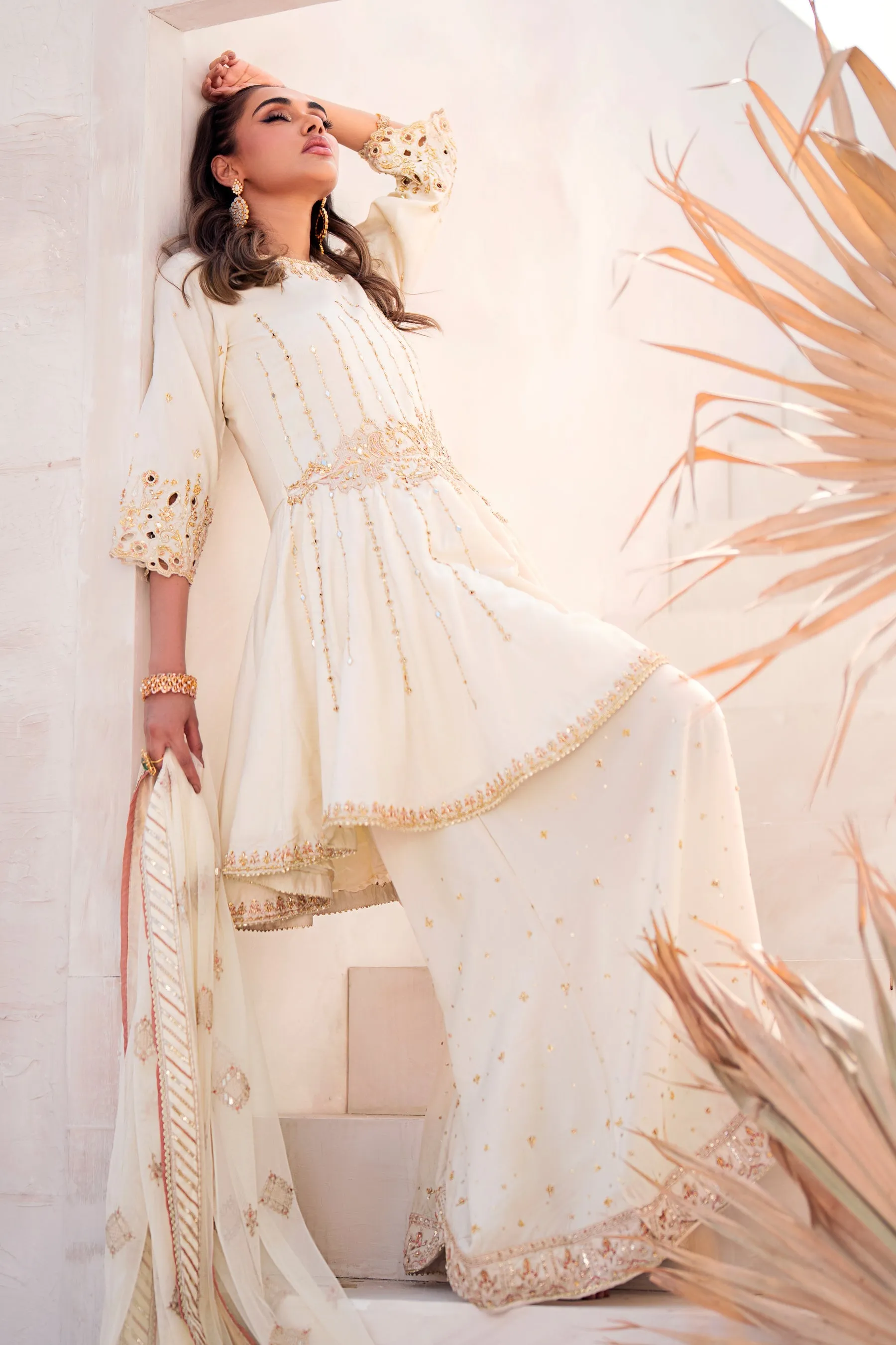 Bright White Pakistani Wedding Dress Embroidered Gharara Frock