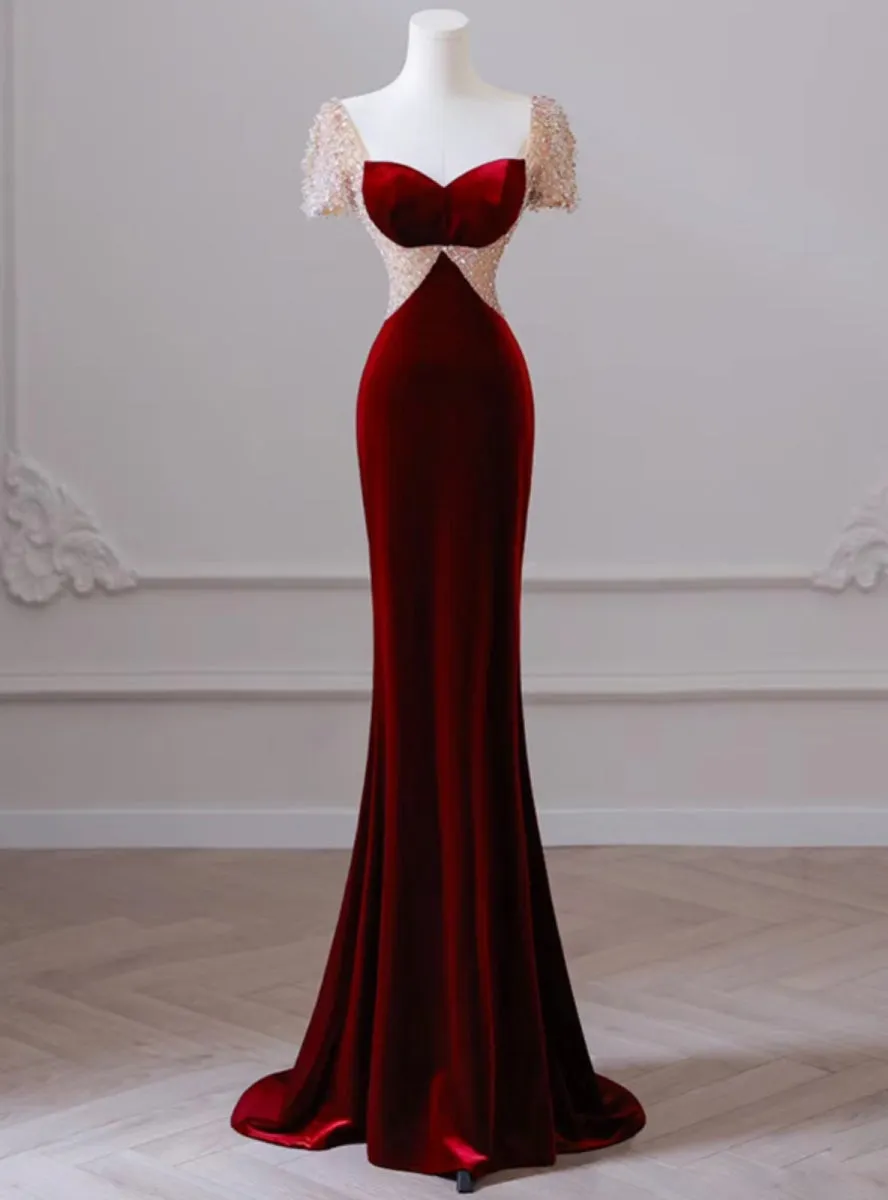 Burgundy Memraid Velvet Short Sleeve Beading Prom Dresses