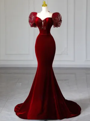 Burgundy Mermaid Velvet Puff Sleeve Bow Prom Dresses