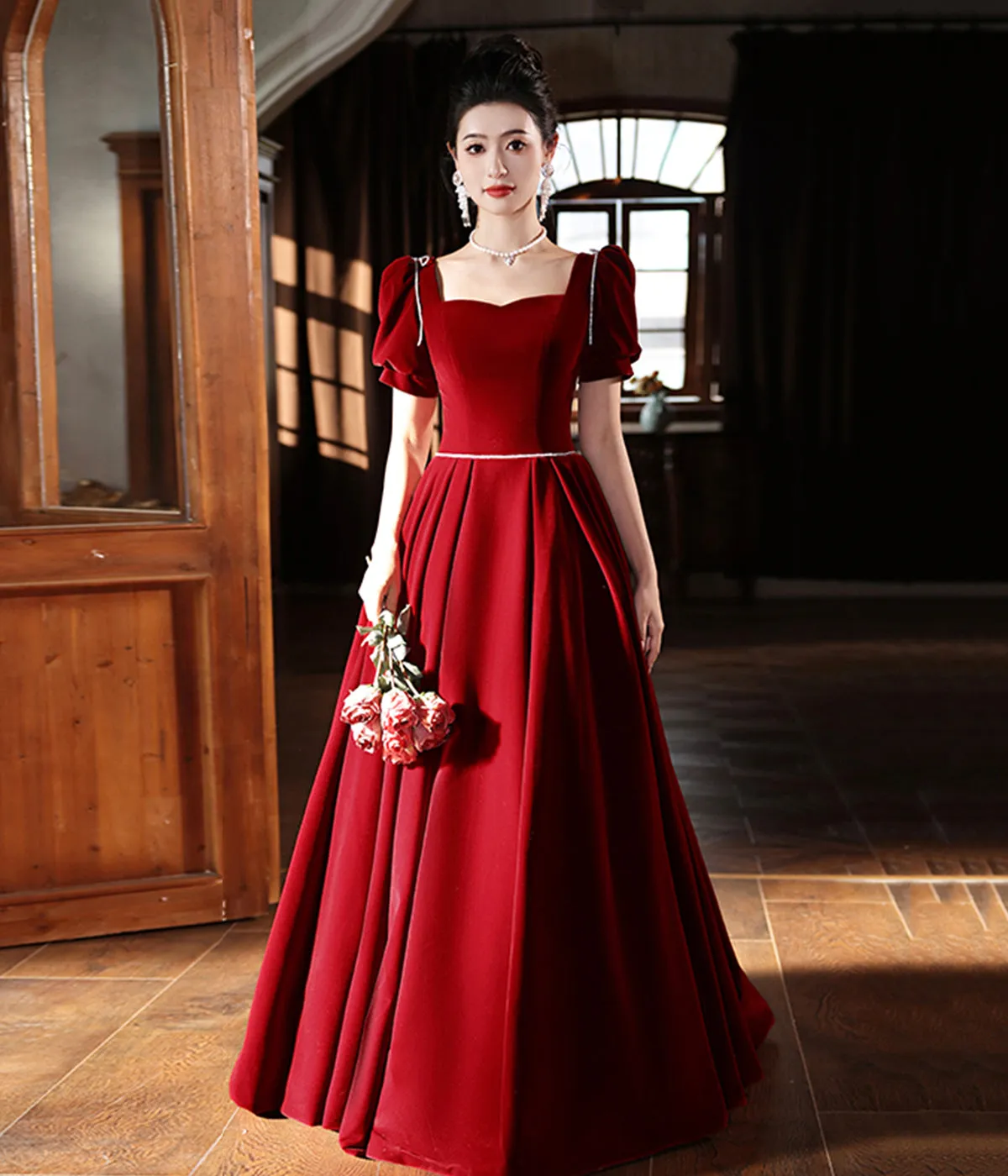 Burgundy Velvet Floor Length Prom Dresses, A-Line Short Sleeve Evening Dresses