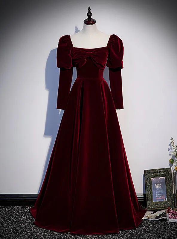 Burgundy Velvet Square Bow Long Sleeve Prom Dresses