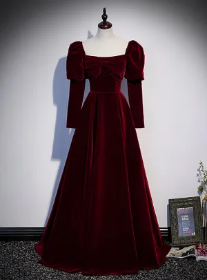Burgundy Velvet Square Bow Long Sleeve Prom Dresses