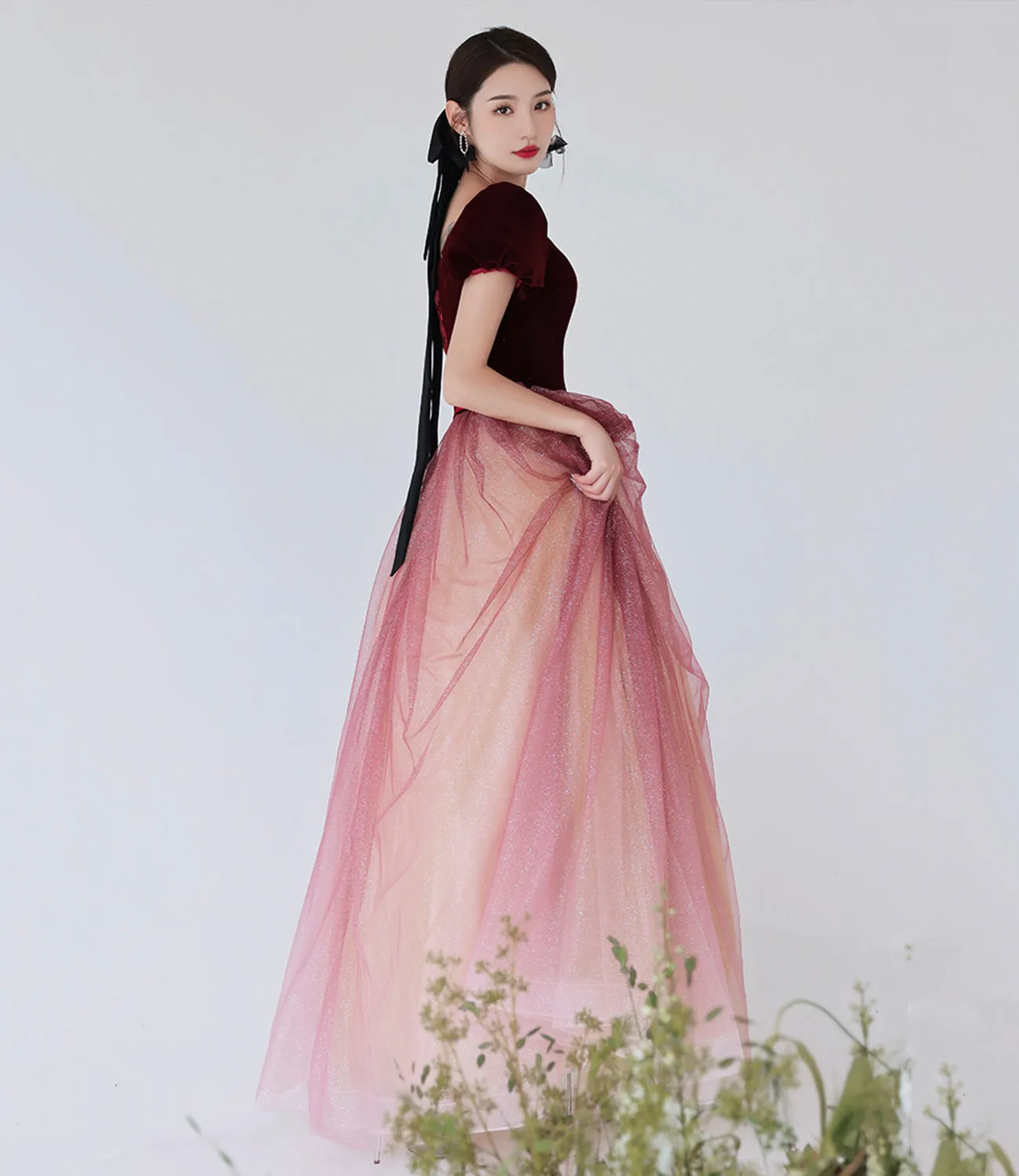 Burgundy velvet tulle long prom Dresses evening Dresses