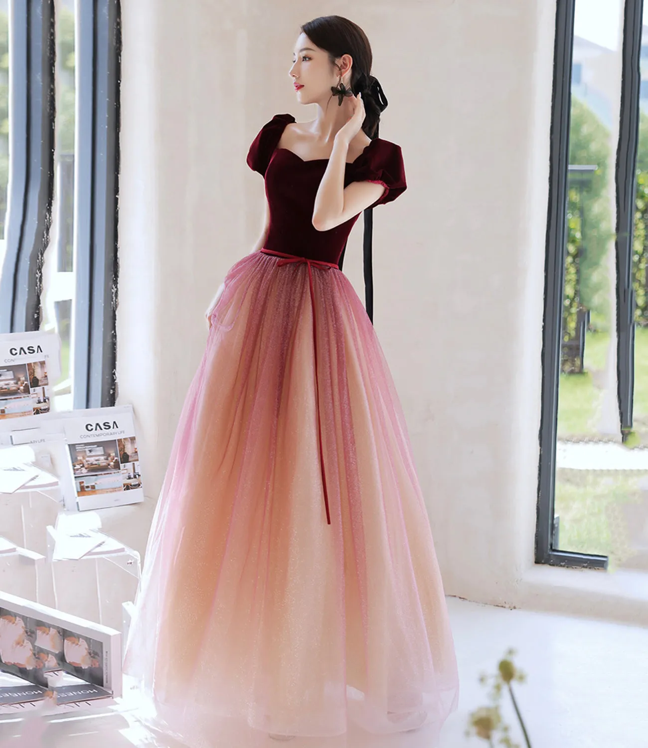 Burgundy velvet tulle long prom Dresses evening Dresses