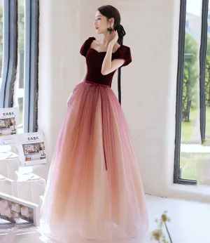 Burgundy velvet tulle long prom Dresses evening Dresses