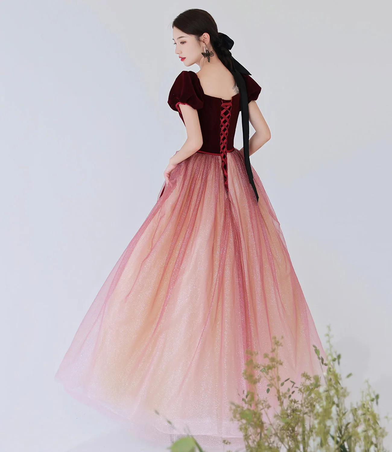 Burgundy velvet tulle long prom Dresses evening Dresses