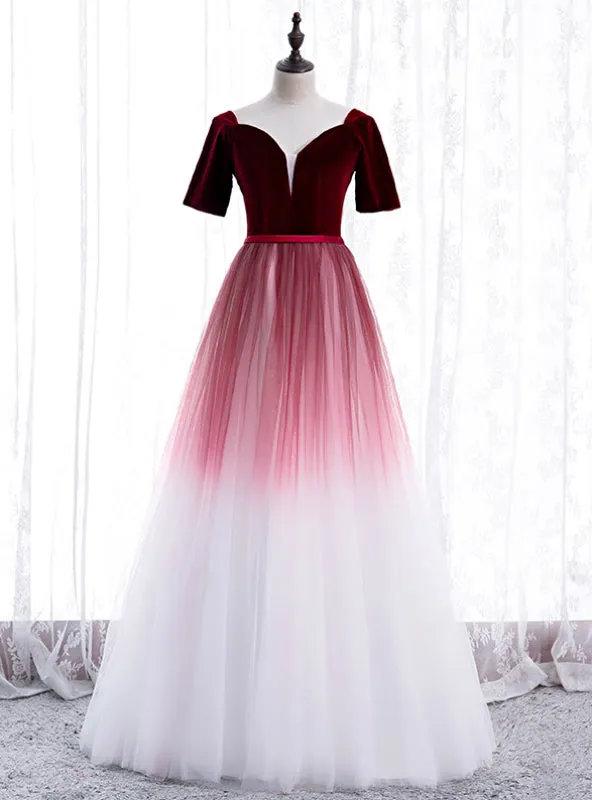 Burgundy White Tulle Velvet Short Sleeve Prom Dresses