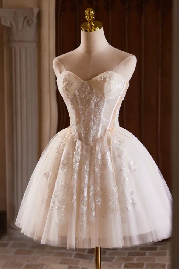 Champagne Strapless Tulle Sequins Short Prom Dress, Lovely Sweetheart Homecoming Party Dress APH0258