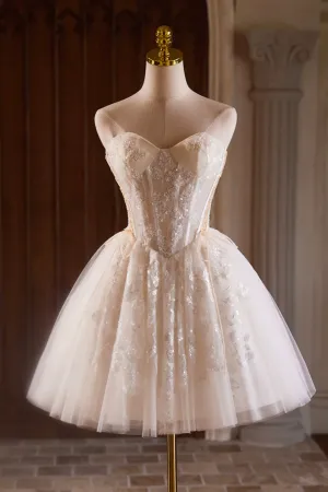 Champagne Strapless Tulle Sequins Short Prom Dress, Lovely Sweetheart Homecoming Party Dress APH0258