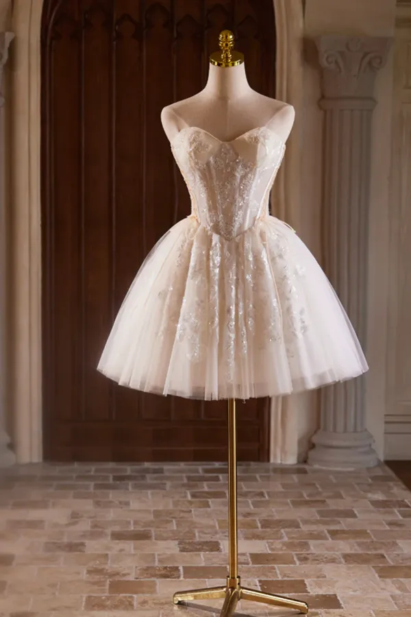 Champagne Strapless Tulle Sequins Short Prom Dress, Lovely Sweetheart Homecoming Party Dress APH0258