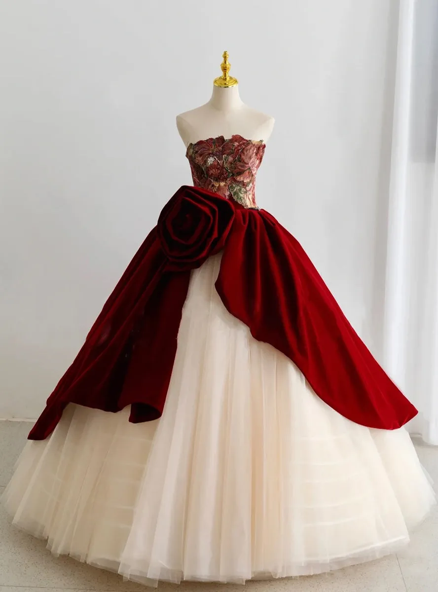 Champagne Tulle Strapless Burgundy Velvet Prom Dresses