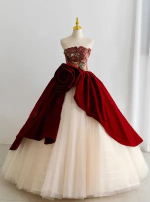 Champagne Tulle Strapless Burgundy Velvet Prom Dresses