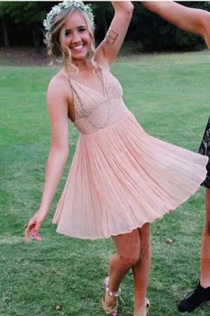 Charming V Neck A Line Blush Chiffon Straps Homecoming Dresses APH0067