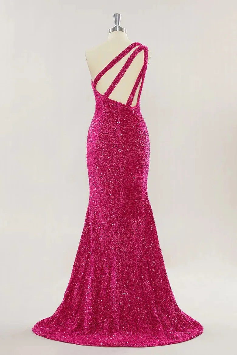 Cheap One Shoulder Long Prom Dress Hot Pink Sequins Mermaid Slit
