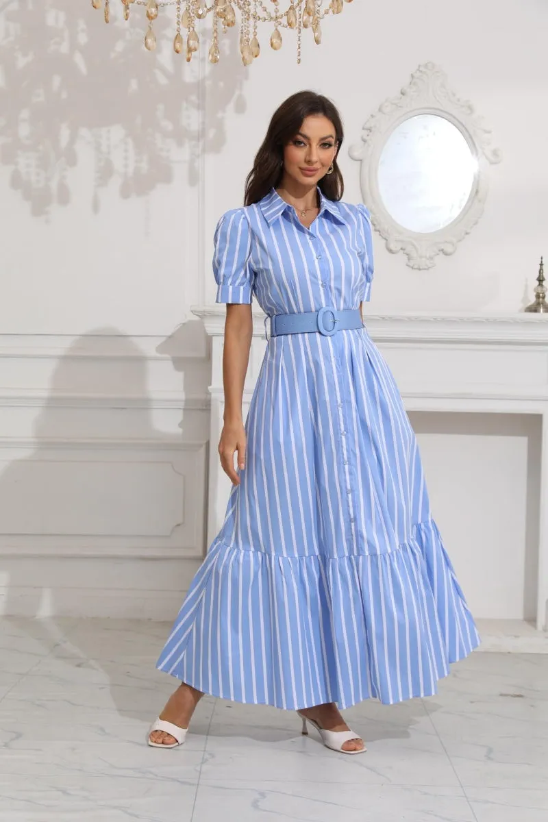 Chouyatou Womens Striped Button Down Shirt Dress Casual Puff Short Sleeve Ruffle Hem Maxi Dresses with Belt
