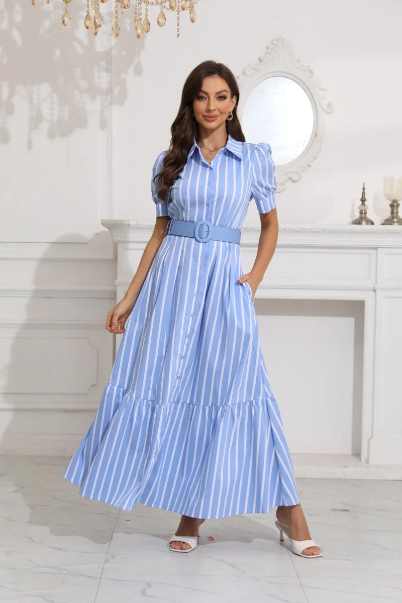 Chouyatou Womens Striped Button Down Shirt Dress Casual Puff Short Sleeve Ruffle Hem Maxi Dresses with Belt