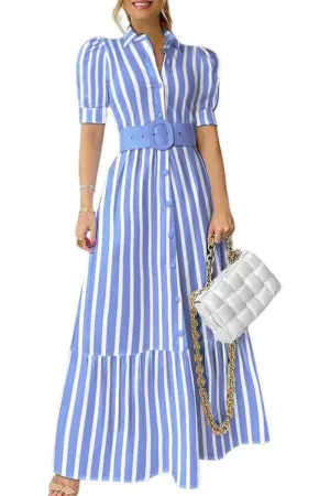 Chouyatou Womens Striped Button Down Shirt Dress Casual Puff Short Sleeve Ruffle Hem Maxi Dresses with Belt