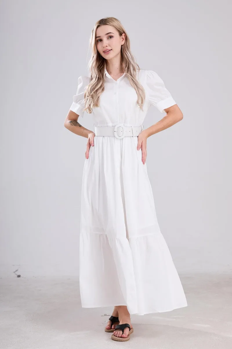 Chouyatou Womens Striped Button Down Shirt Dress Casual Puff Short Sleeve Ruffle Hem Maxi Dresses with Belt