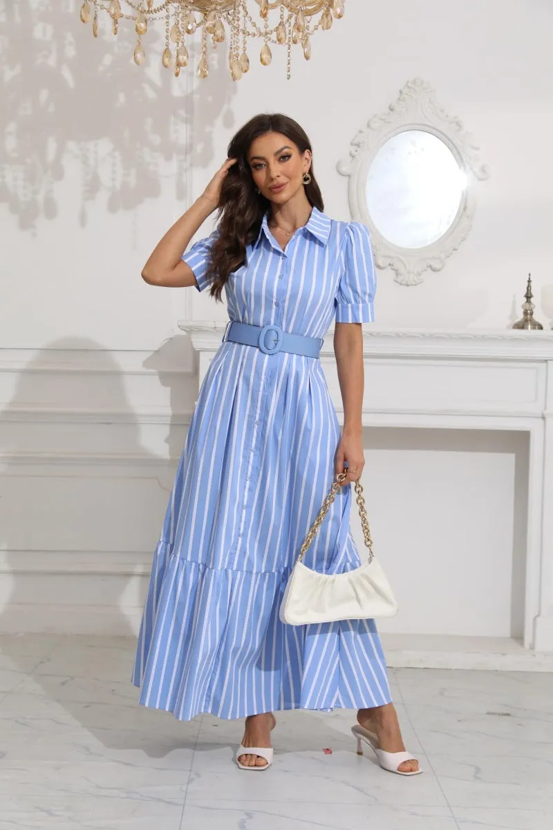 Chouyatou Womens Striped Button Down Shirt Dress Casual Puff Short Sleeve Ruffle Hem Maxi Dresses with Belt