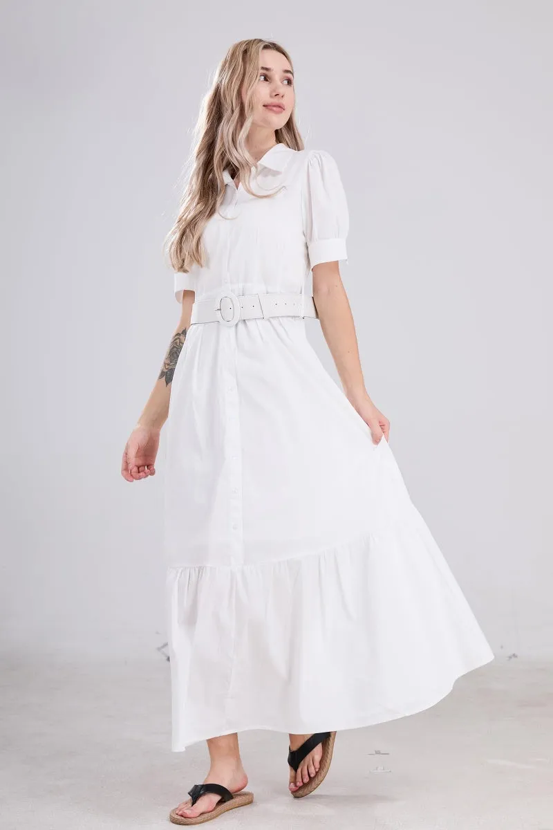 Chouyatou Womens Striped Button Down Shirt Dress Casual Puff Short Sleeve Ruffle Hem Maxi Dresses with Belt