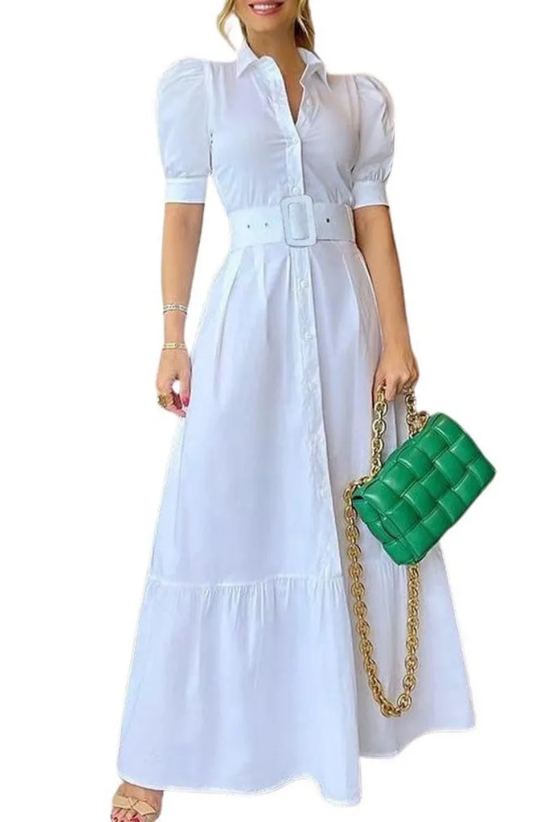 Chouyatou Womens Striped Button Down Shirt Dress Casual Puff Short Sleeve Ruffle Hem Maxi Dresses with Belt