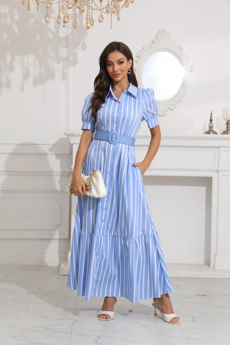 Chouyatou Womens Striped Button Down Shirt Dress Casual Puff Short Sleeve Ruffle Hem Maxi Dresses with Belt