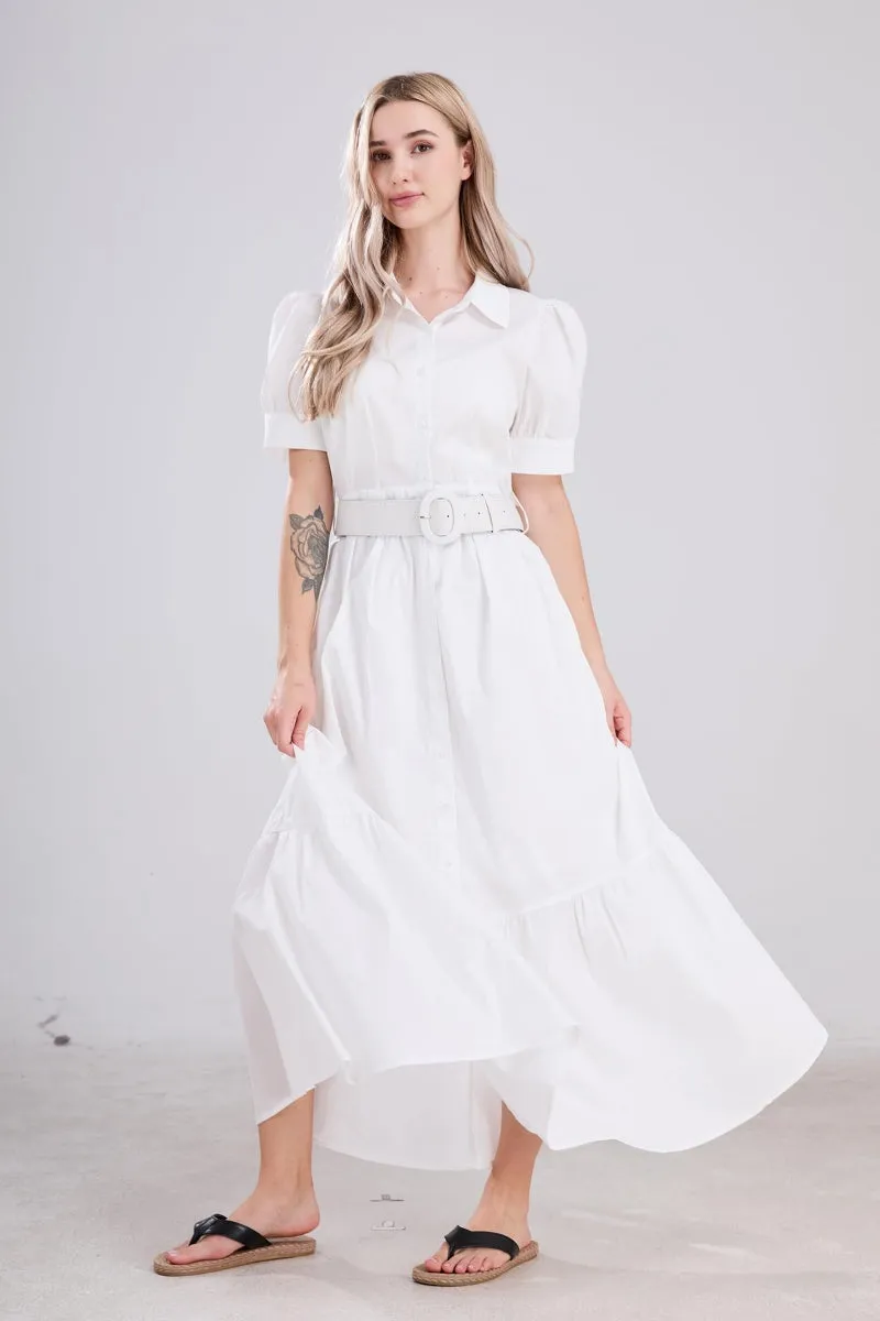 Chouyatou Womens Striped Button Down Shirt Dress Casual Puff Short Sleeve Ruffle Hem Maxi Dresses with Belt