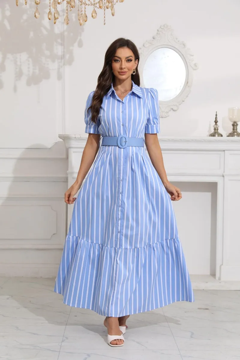 Chouyatou Womens Striped Button Down Shirt Dress Casual Puff Short Sleeve Ruffle Hem Maxi Dresses with Belt