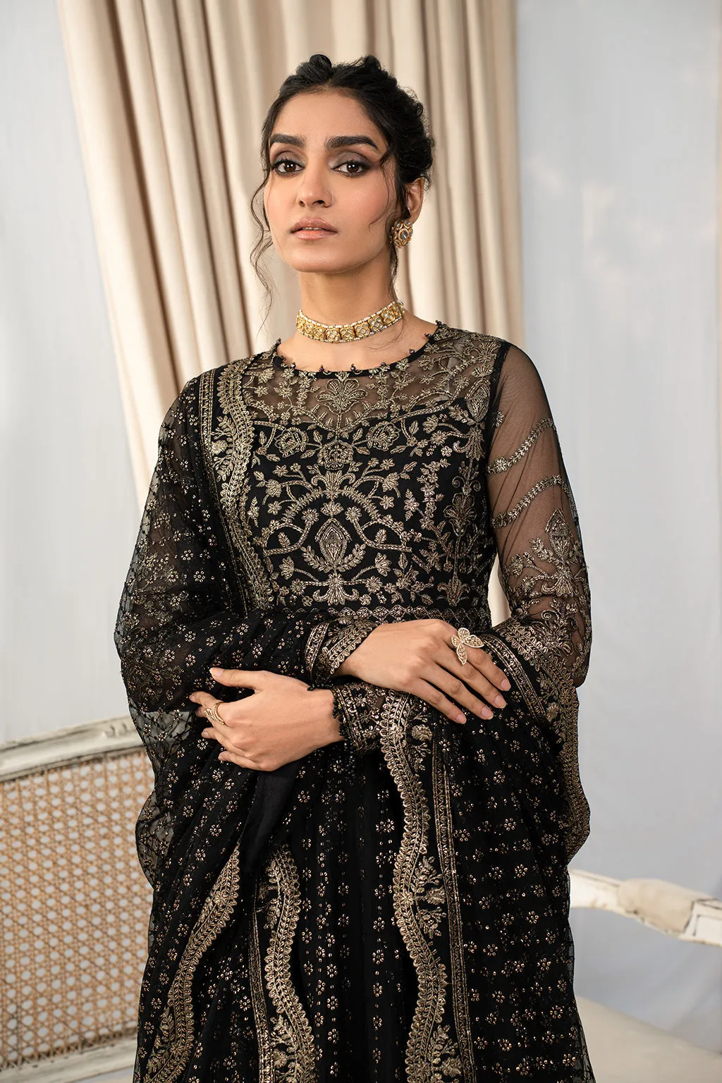 Classic Black Embroidered Pakistani Party Wear Long Frock Dupatta