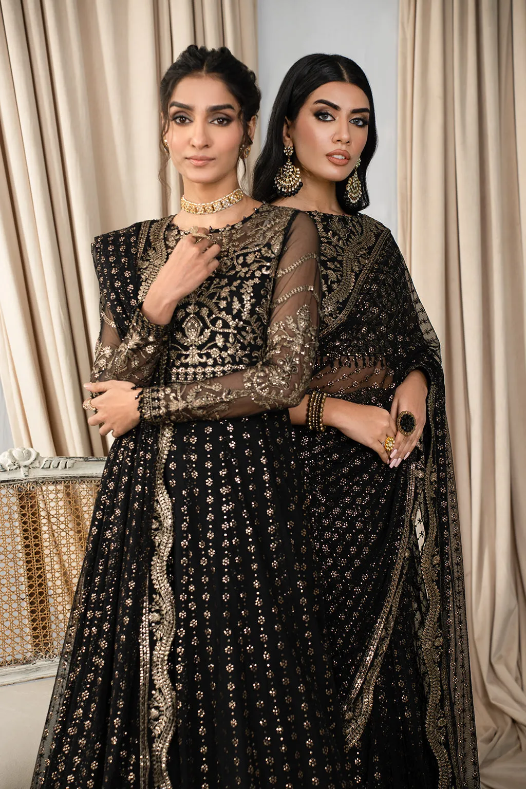 Classic Black Embroidered Pakistani Party Wear Long Frock Dupatta