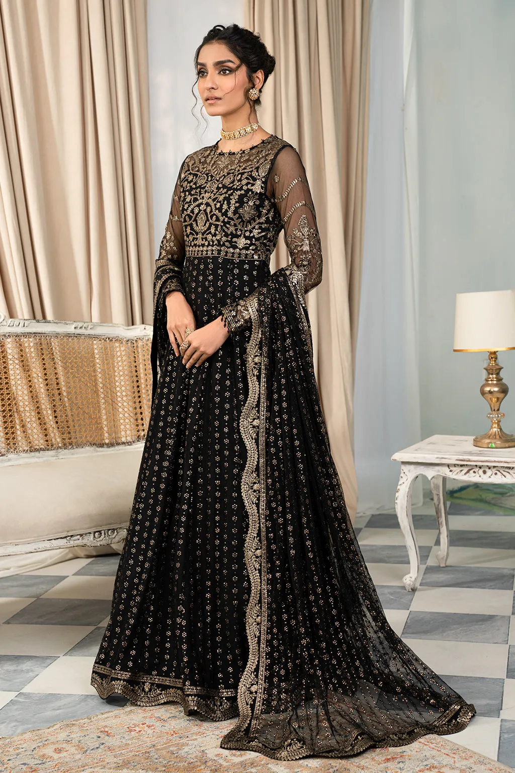 Classic Black Embroidered Pakistani Party Wear Long Frock Dupatta