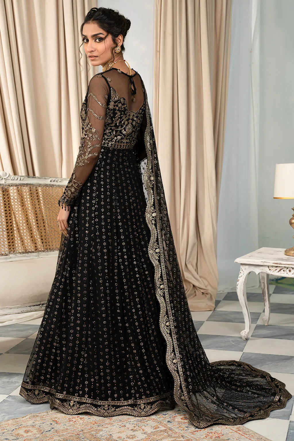 Classic Black Embroidered Pakistani Party Wear Long Frock Dupatta