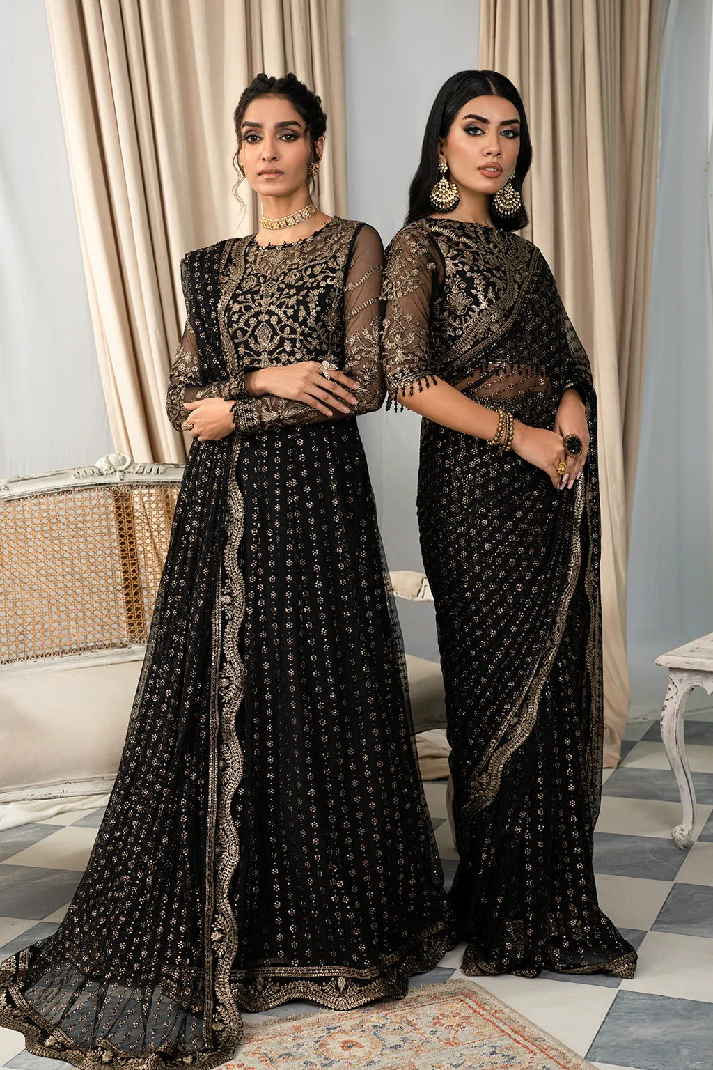 Classic Black Embroidered Pakistani Party Wear Long Frock Dupatta