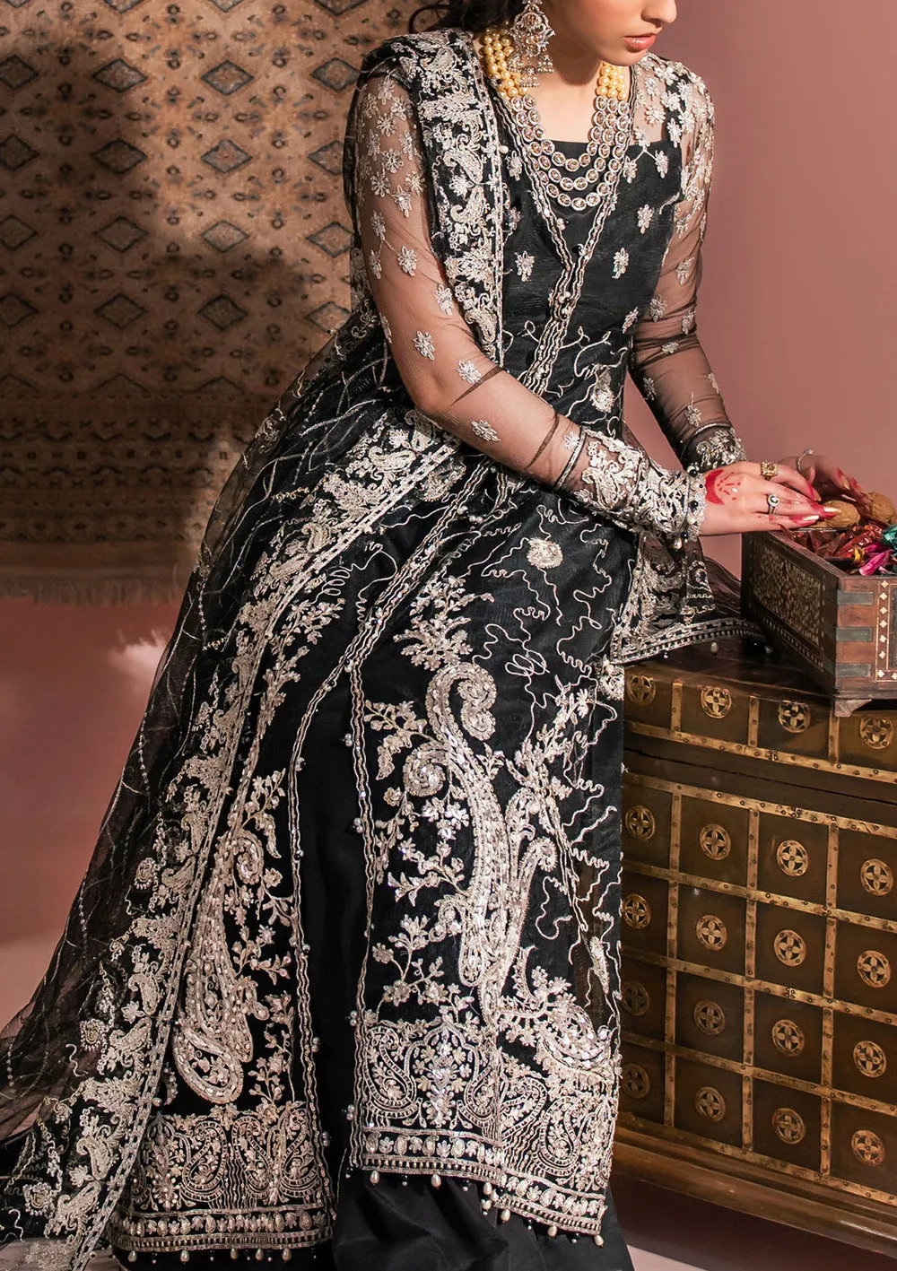 Classic Black Heavily Embroidered Kashmiri Style Pakistani Wedding Dress