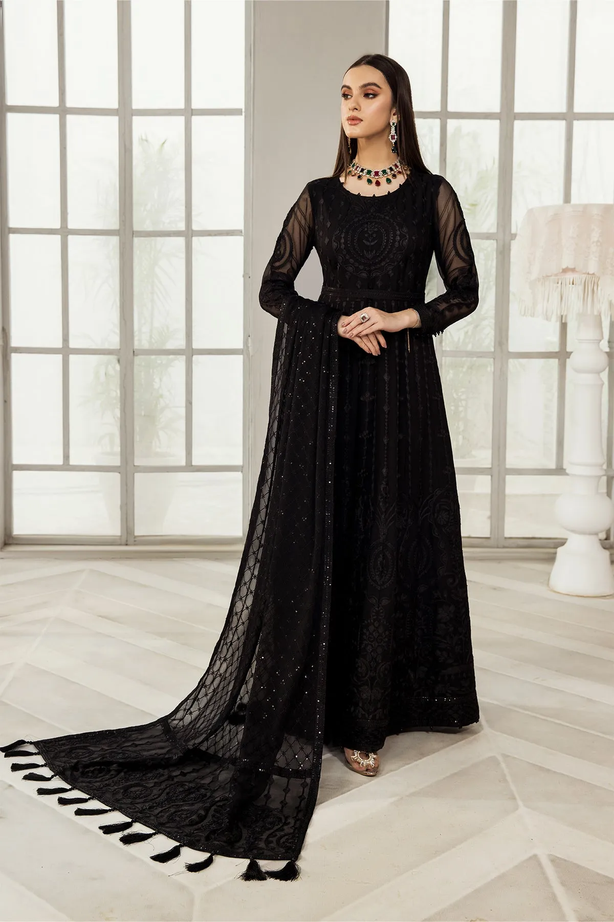 Classic Black Net Embroidered Pakistani Frock with Dupatta Party Dress