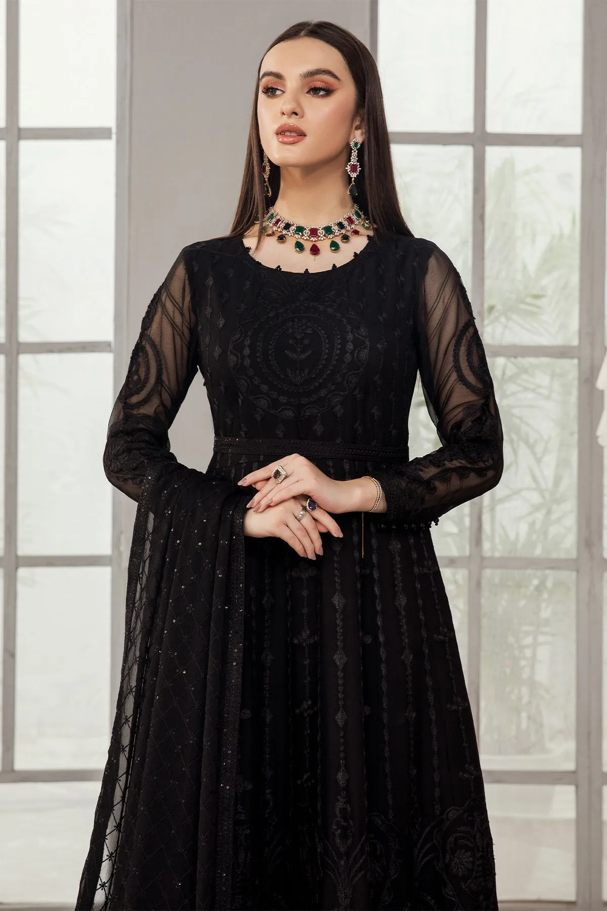 Classic Black Net Embroidered Pakistani Frock with Dupatta Party Dress