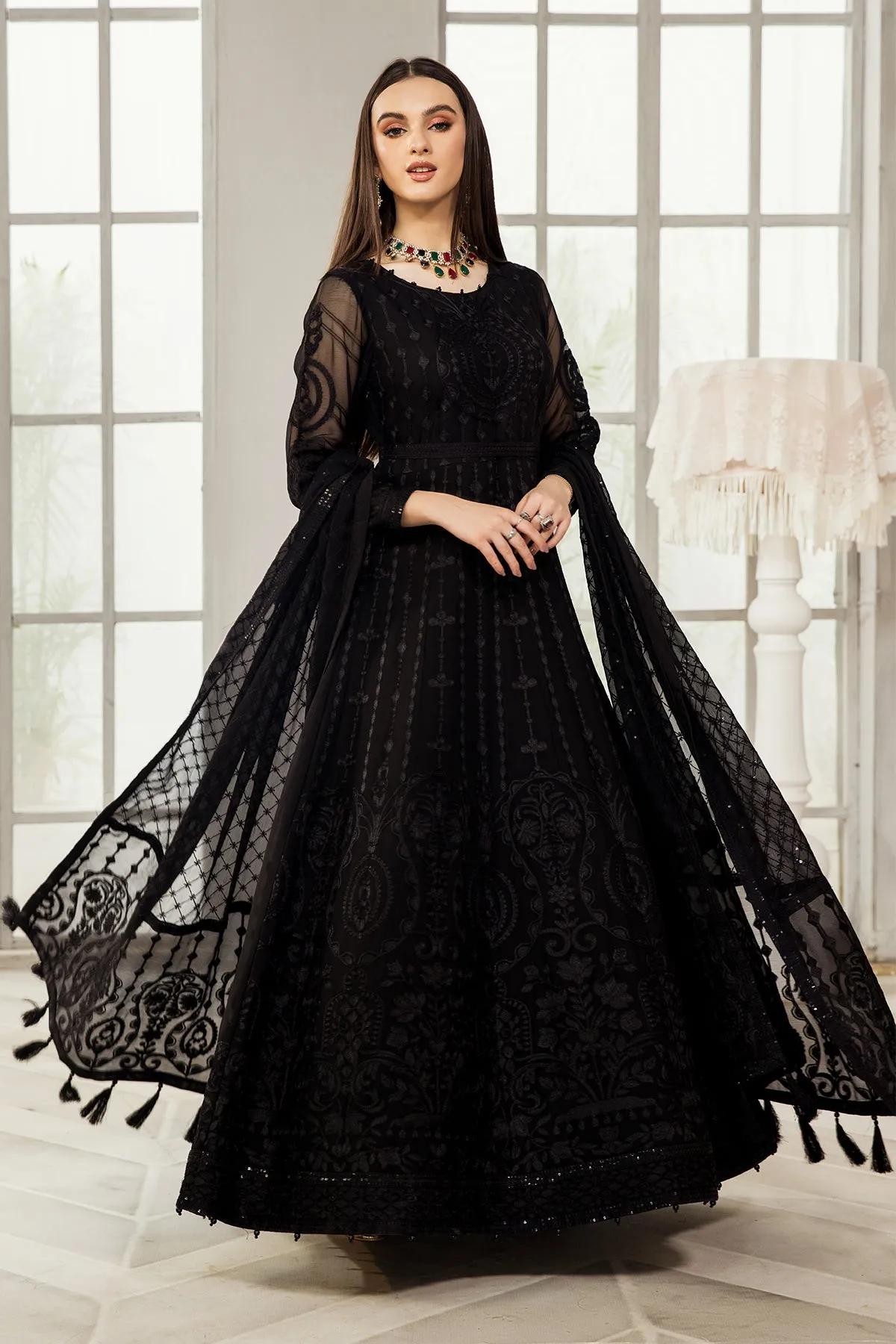 Classic Black Net Embroidered Pakistani Frock with Dupatta Party Dress