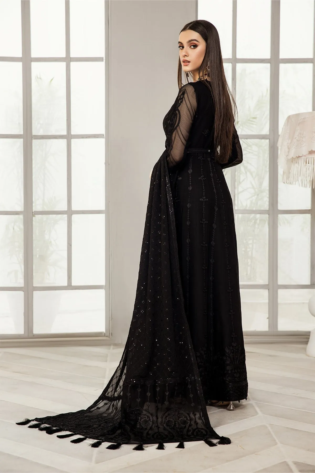 Classic Black Net Embroidered Pakistani Frock with Dupatta Party Dress