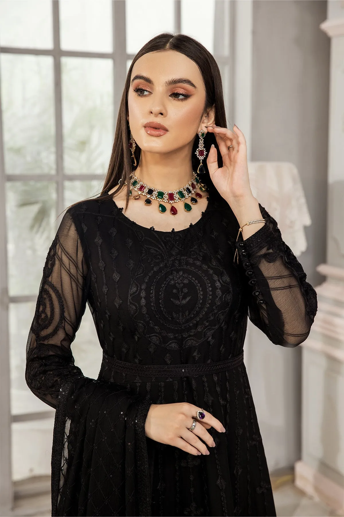 Classic Black Net Embroidered Pakistani Frock with Dupatta Party Dress