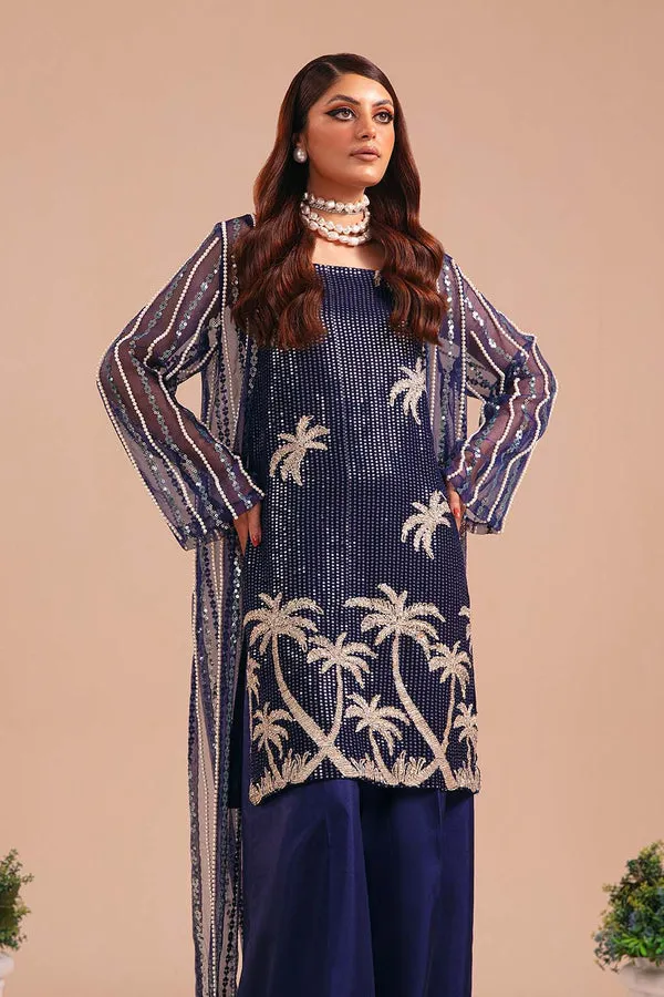 Classic Blue Embroidered Pakistani Gown Style Long Kameez Trousers
