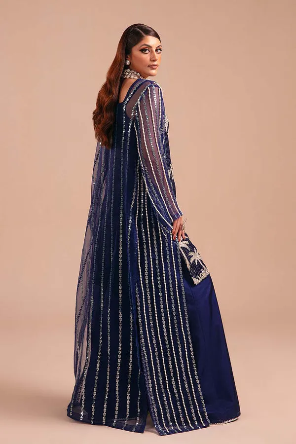 Classic Blue Embroidered Pakistani Gown Style Long Kameez Trousers