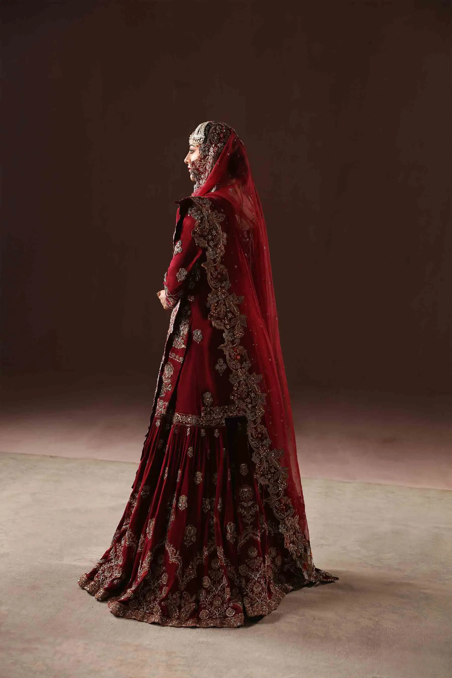 Classic Deep Red Embroidered Pakistani Bridal Dress Gharara Kameez