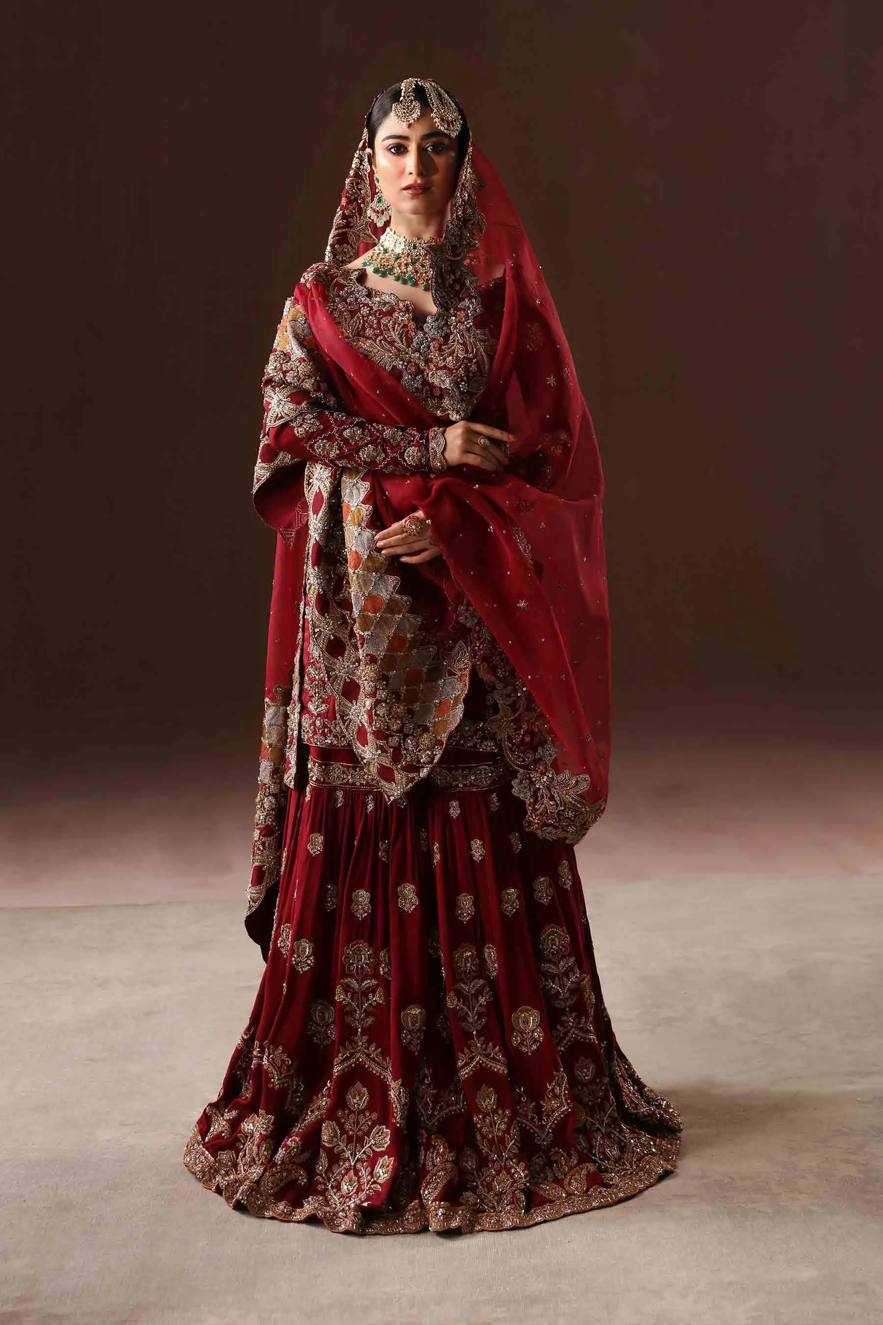 Classic Deep Red Embroidered Pakistani Bridal Dress Gharara Kameez