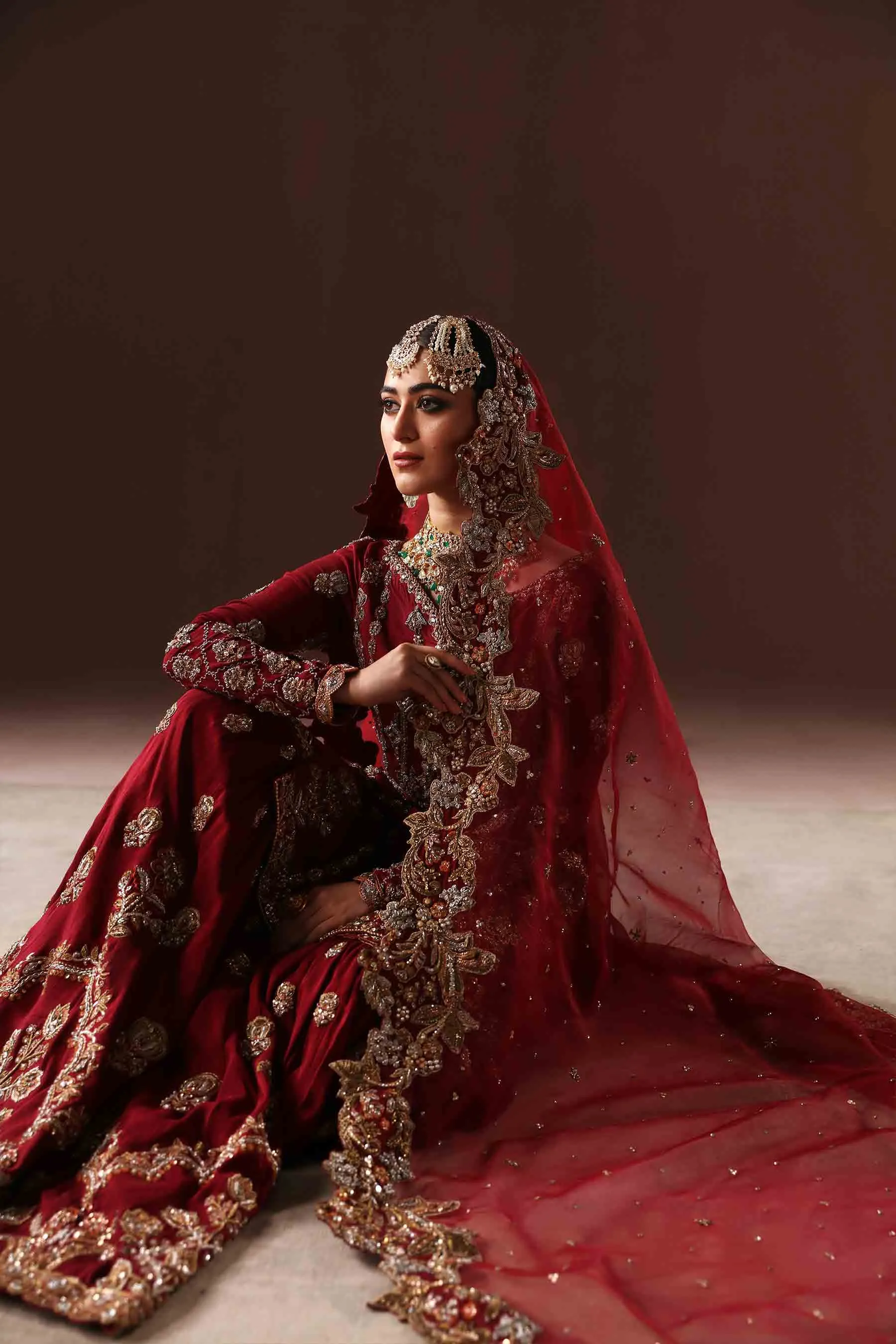 Classic Deep Red Embroidered Pakistani Bridal Dress Gharara Kameez