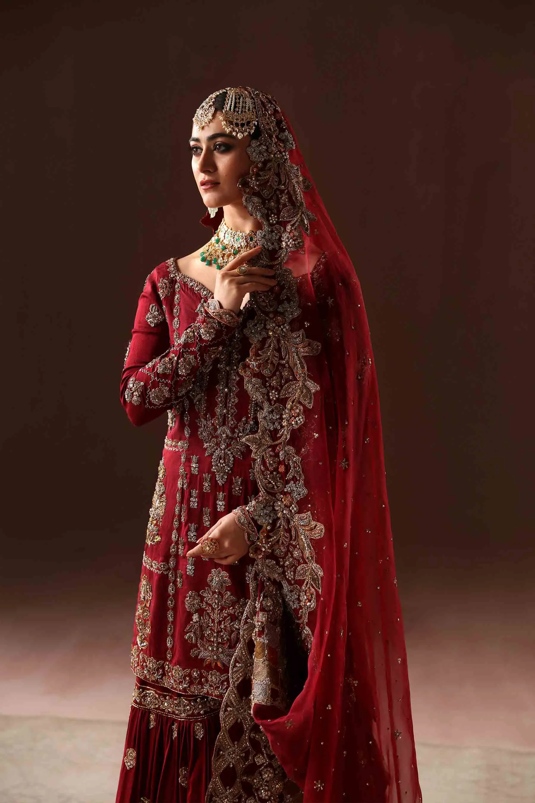 Classic Deep Red Embroidered Pakistani Bridal Dress Gharara Kameez