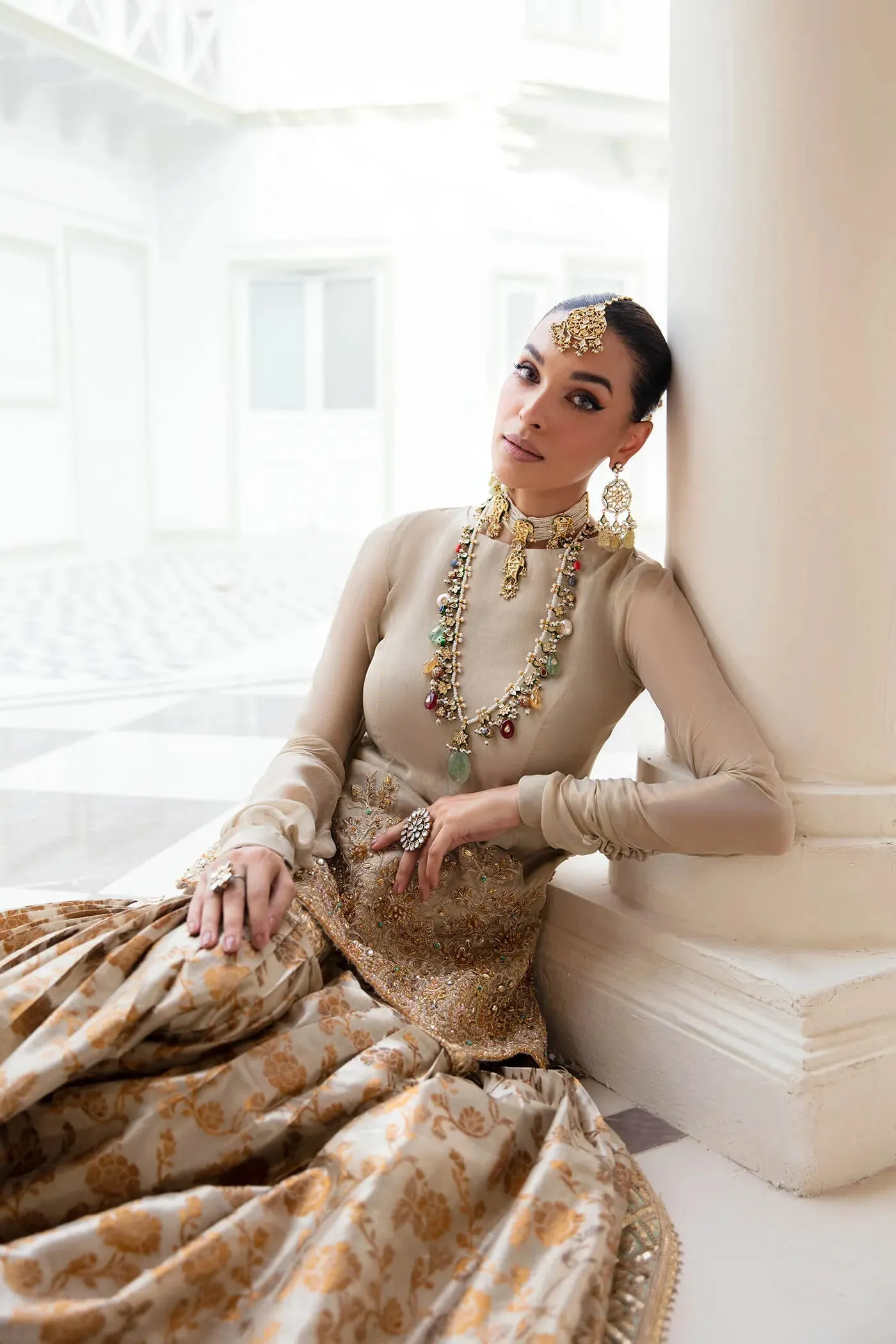 Classic Gold Embroidered Pakistani Wedding Dress Kameez Sharara Style