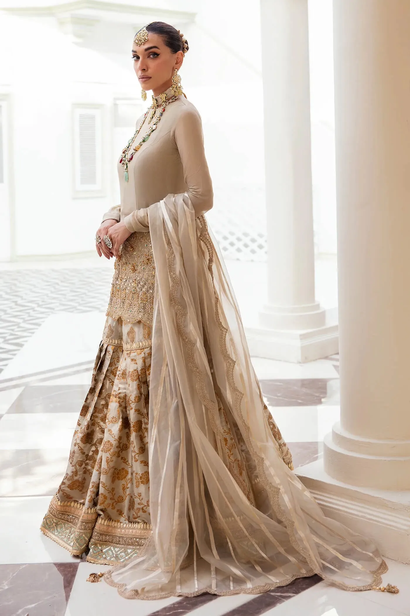 Classic Gold Embroidered Pakistani Wedding Dress Kameez Sharara Style